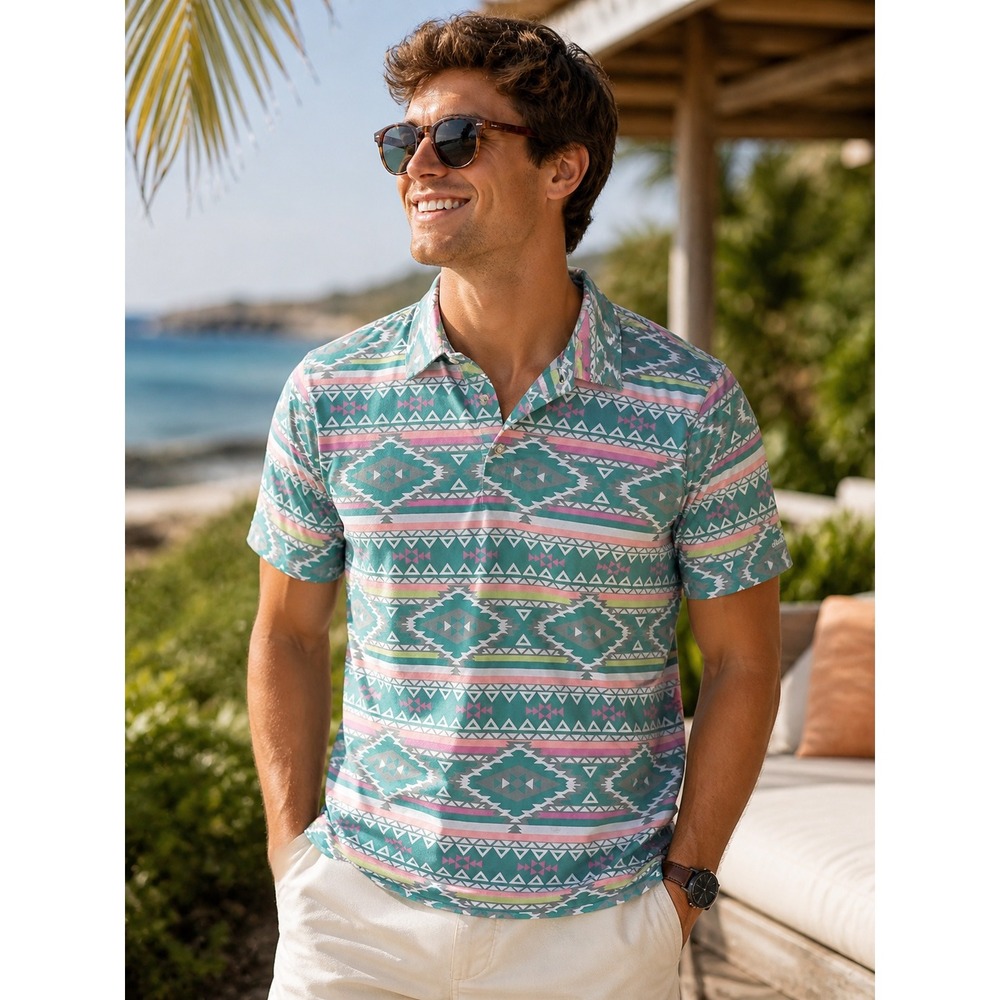 Chubbies Men's Aztec Polo golf Shirt Teal Pink Geometric Southwest Summer XL